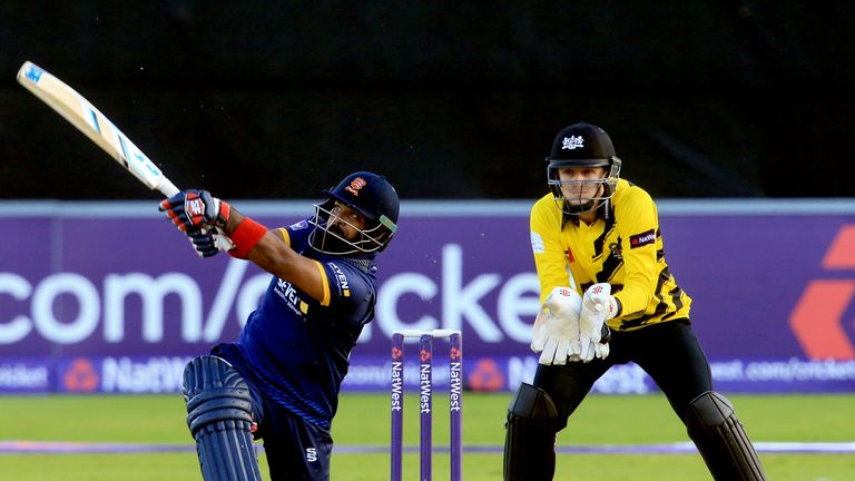 CHELMSFORD, ENGLAND - JUNE 16:  Ashar Zaidi of Essex hits out during the NatWest T20 Blast match between Essex and Gloucestershire at the Ford County Groun