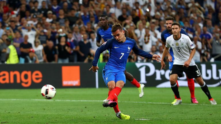 Antoine Griezmann of France converts the penalty to score the opening goal during the UEFA EURO semi final match between Germany and France