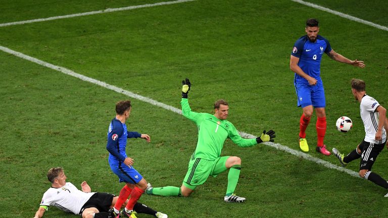 Antoine Griezmann of France scores his team's second goal during the UEFA EURO semi final match between Germany and France 