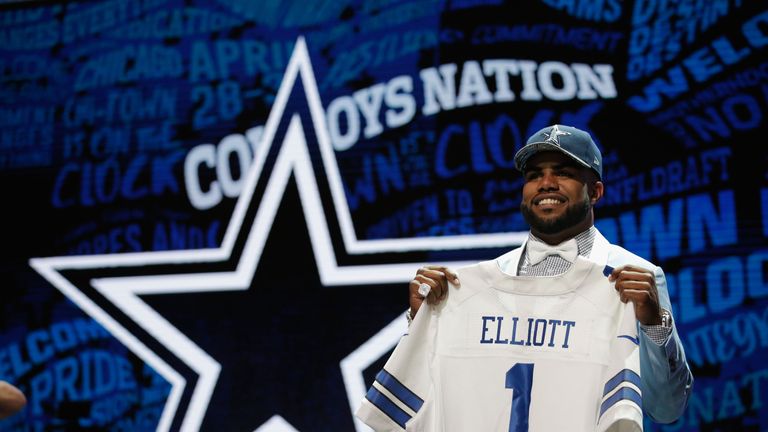 Ezekiel Elliott of Ohio State holds up a jersey after being picked #4 overall by the Dallas Cowboys in the NFL Draft