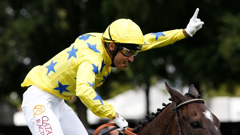 Sheikh Fahad Al Thani celebrates success aboard Almagest in the 347th Running Of The Newmarket Town Plate.