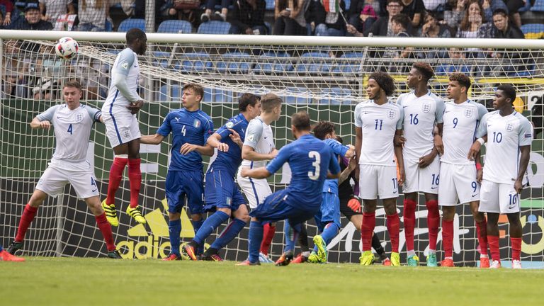 Federico Dimarco scores Italy's second goal against England in the U19 European Championship semi-final