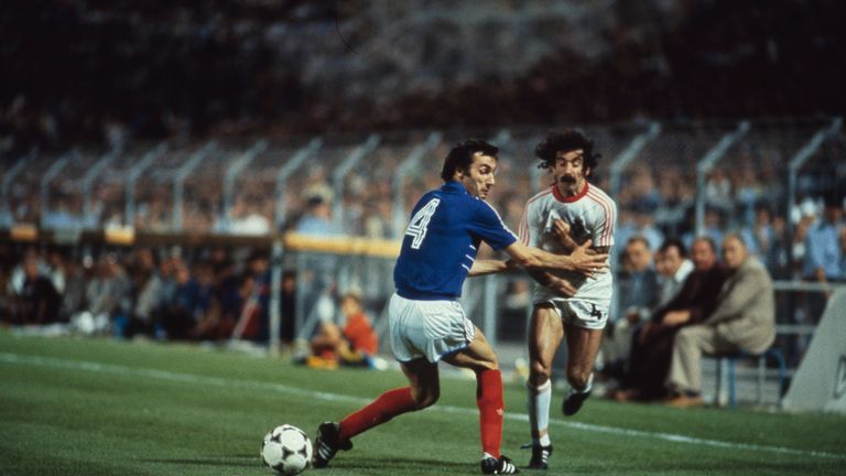 Max Bossis (L) of France  challenges Chalana of Portugal during the UEFA European Championships 1984 Semi-Final