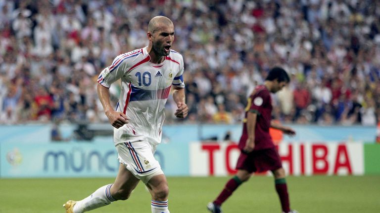 Zinedine Zidane of France celebrates after scoring the opening goal from the penalty spot during the 2006 World Cup