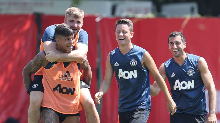 SHANGHAI, CHINA - JULY 21:  (EXCLUSIVE COVERAGE) Marcos Rojo, Luke Shaw, Ander Herrera and Henrikh Mkhitaryan of Manchester United in action during a first