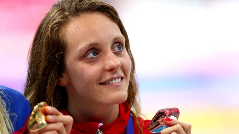 LONDON, ENGLAND - MAY 17:  Francesca Halsall of Great Britain poses with her Bronze medal after coming third in the Women's 50m Butterfly Final on day nine