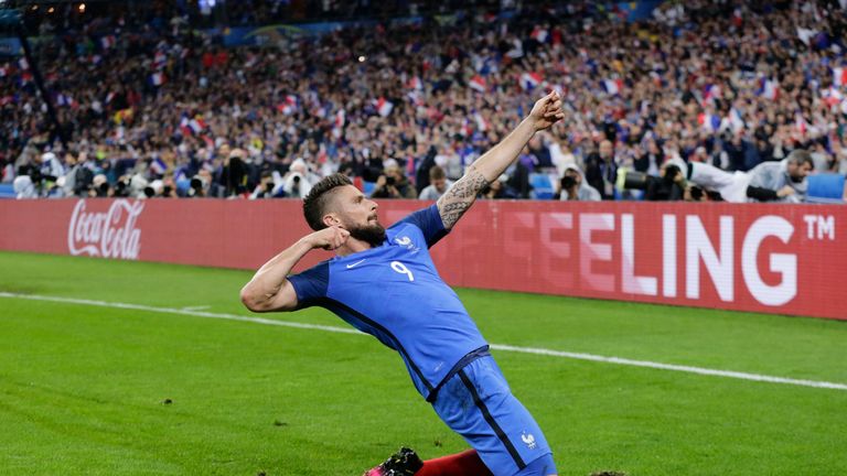 France's Olivier Giroud celebrates after scoring his side's fifth goal 