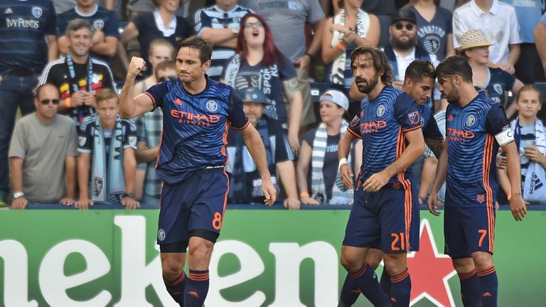 Mid-fielder Frank Lampard #8 of New York City FC reacts after scoring a goal past goal against Sporting Kansas City during the 