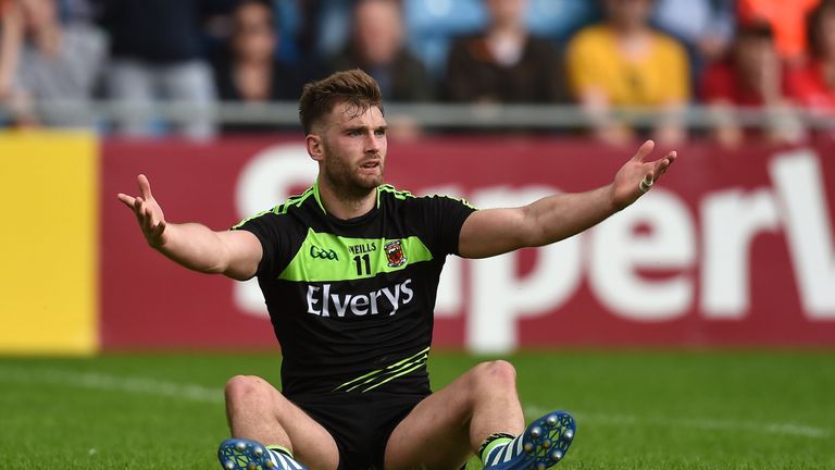 Aidan O'Shea of Mayo appeals to the referee for a penalty against Fermanagh