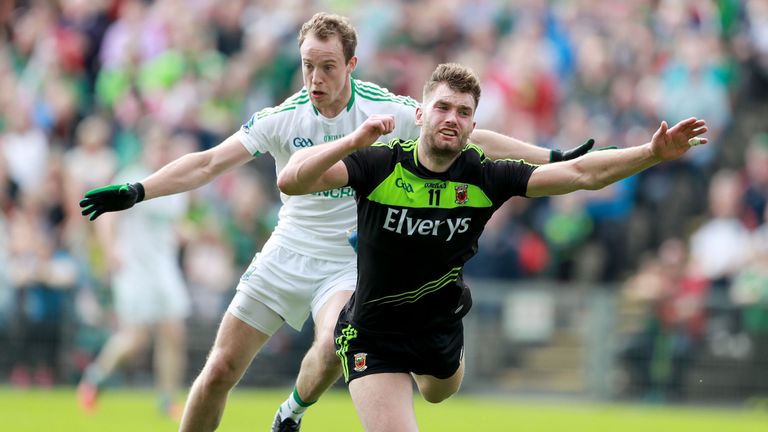 Aidan O'Shea falls after being tackled by Che Cullen of Fermanagh which resulted in a penalty