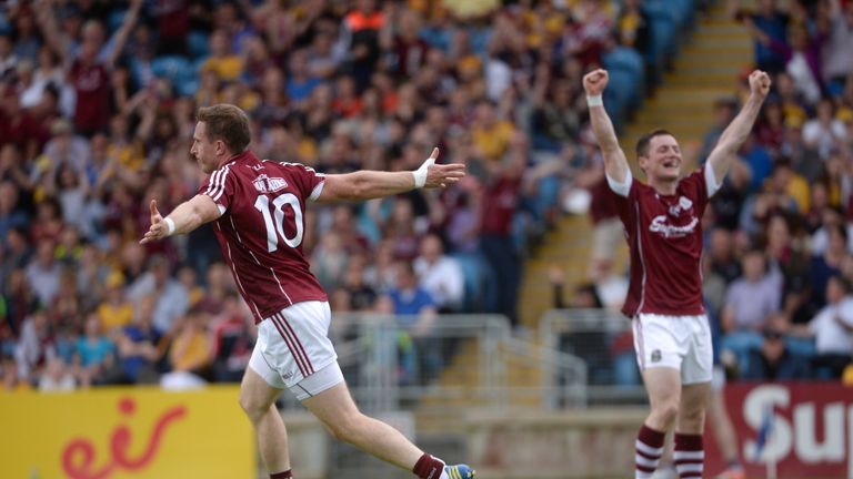 Gary Sice of Galway celebrates scoring his goal 