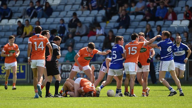 A row breaks out between the Laois and Armagh players during the second half