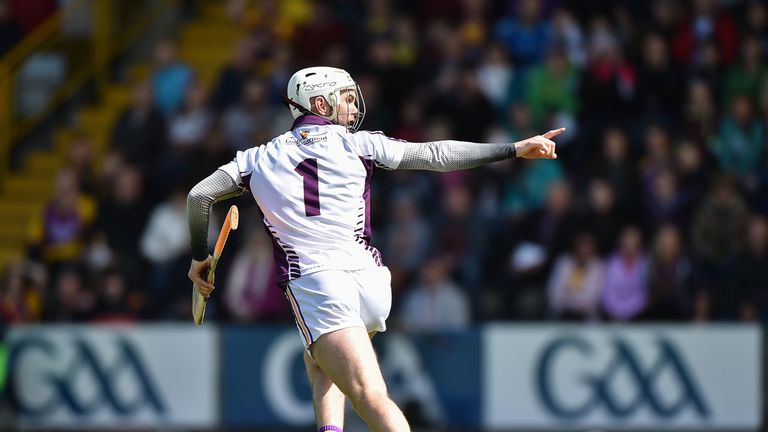 Wexford goalkeeper Mark Fanning looks back at the umpires after his penalty against Offaly came back off the back stanchion