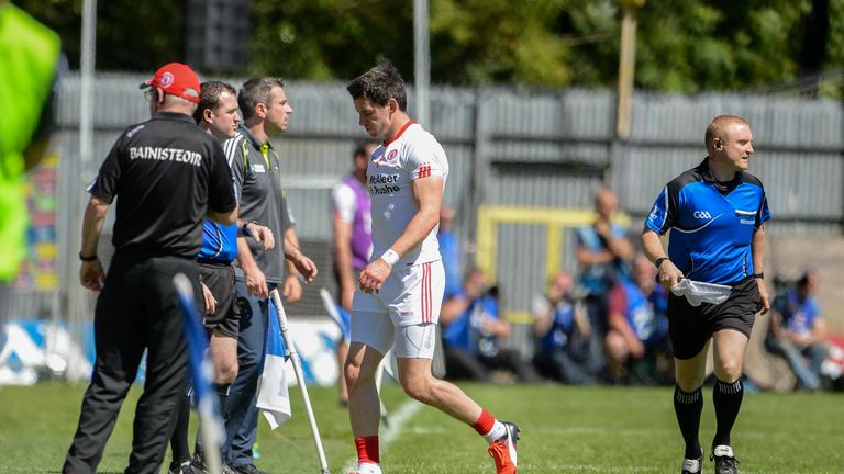 Mattie Donnelly of Tyrone comes off the field after getting a first-half black card