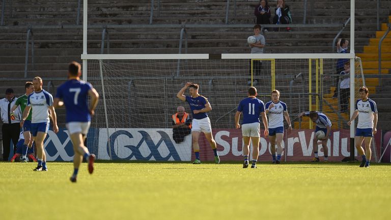 Michael Quinn celebrates after scoring Longford's first goal against Monaghan
