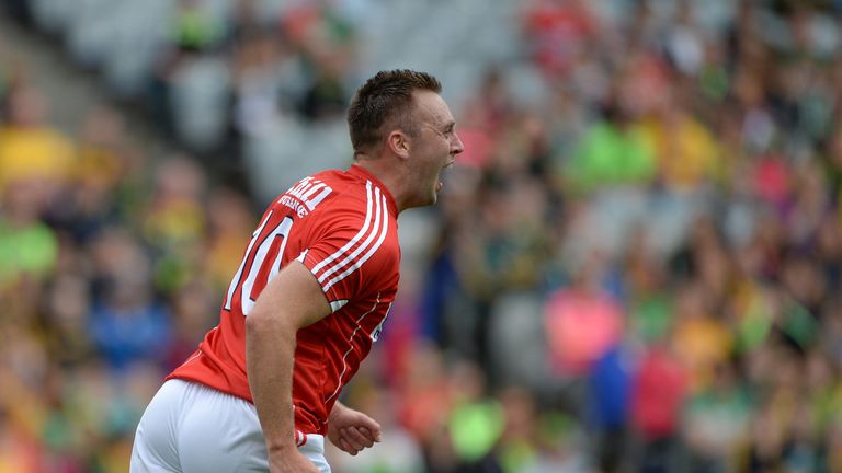 Paul Kerrigan celebrates scoring a goal against Donegal