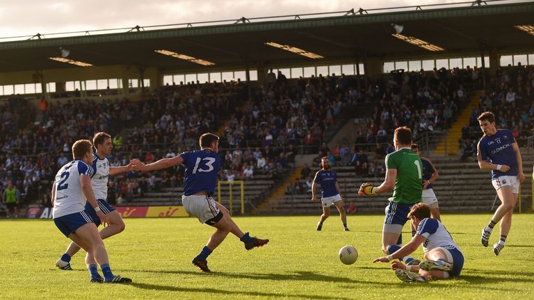 Robbie Smyth scores Longford's second goal against Monaghan