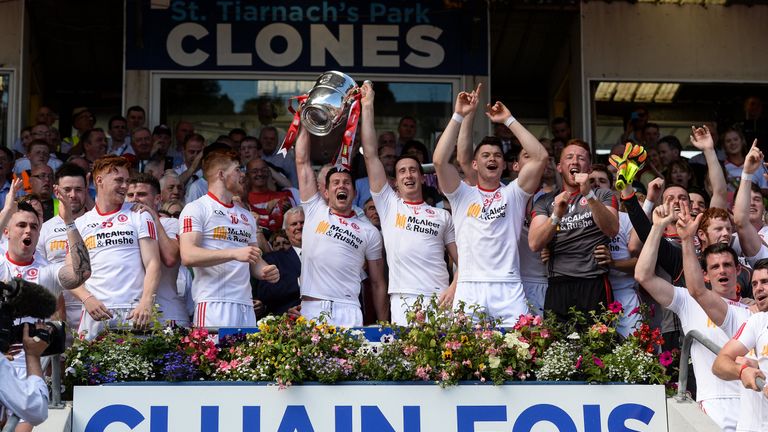 Sean Cavanagh of Tyrone lifts the Anglo Celt cup 