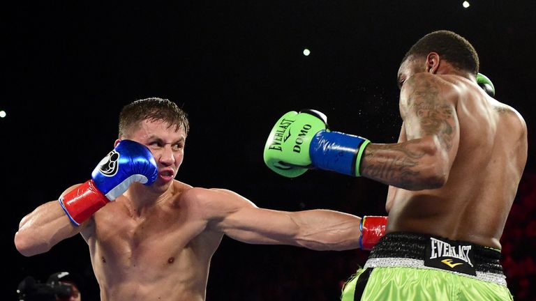 INGLEWOOD, CA - APRIL 23:  Gennady Golovkin of Kazakhstan punches Dominic Wade on way to a second round TKO during his unified middleweight title fight at 