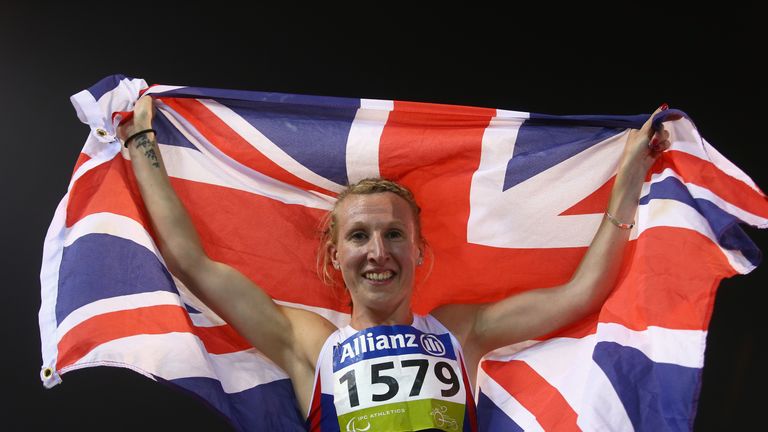DOHA, QATAR - OCTOBER 25:  Georgina Hermitage of Great Britain celebrates gold in the women's 400m T37 final during the Evening Session on Day Four of the 