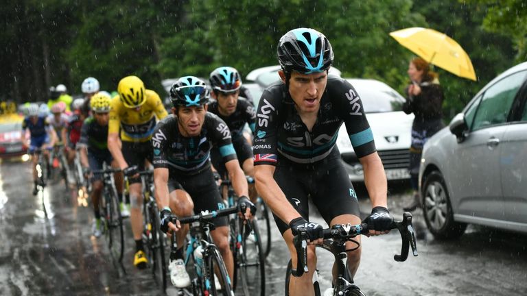 Geraint thomas leads chris froome up the final climb of the Tour de France