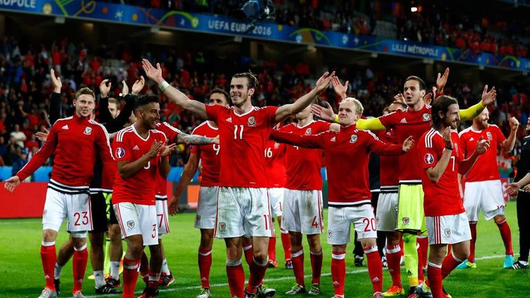 Wales team celebrate Euro 2016 victory over Belgium