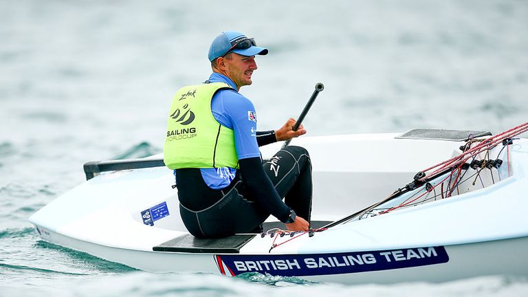 Scott Giles of Great Britain competes in the Men's Finn during day five of the ISAF Sailing World Cup