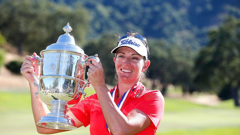 SAN MARTIN, CA - JULY 10:  Brittany Lang poses with the trophy on the 18th green after defeating Anna Nordqvist of Sweden in a three hole playoff to win th