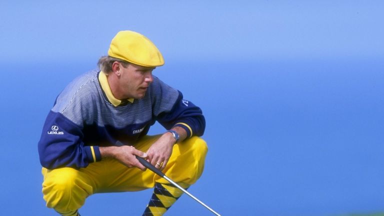 Payne Stewart lines up a putt during the 1993 Buick Invitational at the Torrey Pines Golf Course in Torrey Pines, California