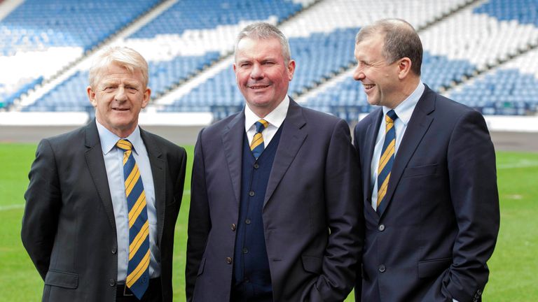 Scottish SFA Director Stewart Regan (right) and Scotland Manager Gordon Strachan join Brian McClair (centre)