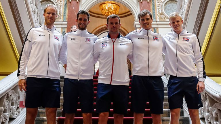 BELGRADE, SERBIA - JULY 14: (L-R) Davis Cup team members of Great Britain Dom Inglot James Ward team captain Leon Smith Jamie Murray and Kyle Edmund attend