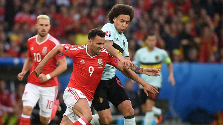 Wales' Hal Robson-Kanu (left) and Belgium's Axel Witsel battle for the ball