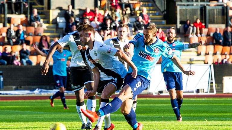 Hamilton's Alex D'Acol (9) scores his side's second goal