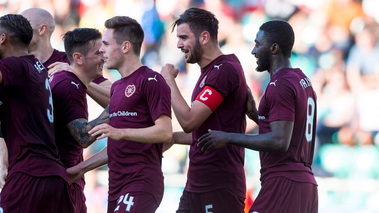 Europa League qualifying - Hearts' Alim Ozturk (second right) celebrates his goal with his team-mates