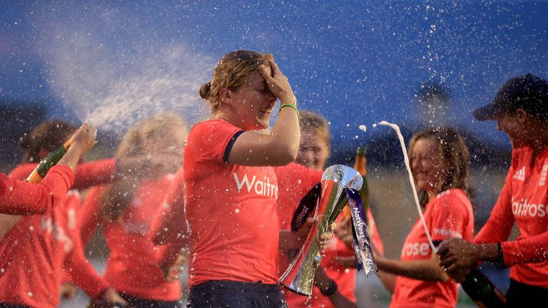 Heather Knight celebrates with the trophy after the Natwest Women's International T20 match between England Women and Pakistan