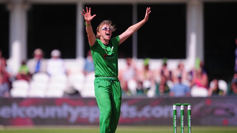 TAUNTON, UNITED KINGDOM - JULY 31: Heather Knight of Western Storm celebrates the wicket of Laura Marshall of Lancashire Thunder during the KSL match betwe