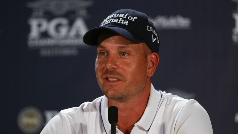 SPRINGFIELD, NJ - JULY 26:  Henrik Stenson of Sweden is interviewed during a press conference after a practice round prior to the 2016 PGA Championship at 
