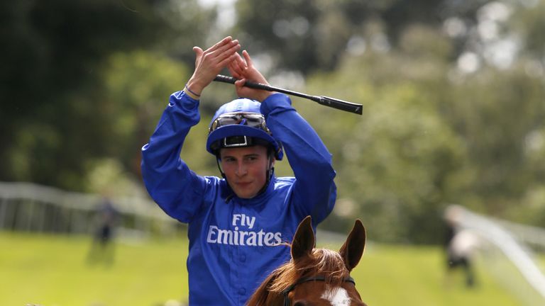 William Buick celebrates on Hawkbill after winning the The Coral-Eclipse Stakes at Sandown.