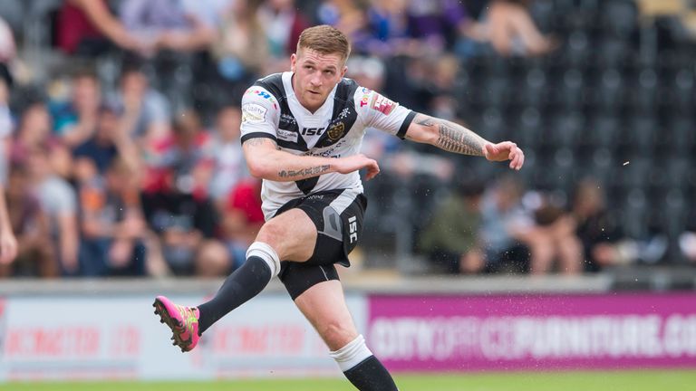 Hull FC's Marc Sneyd kicks a penalty to extend his side's lead over Catalans.