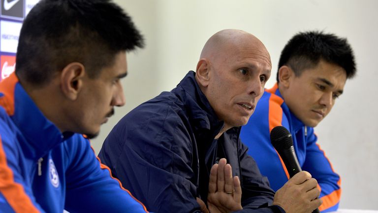 India coach Stephen Constantine addresses a press conference as footballers Sunil Chhetri and  Gurpreet Singh look on in November 2015