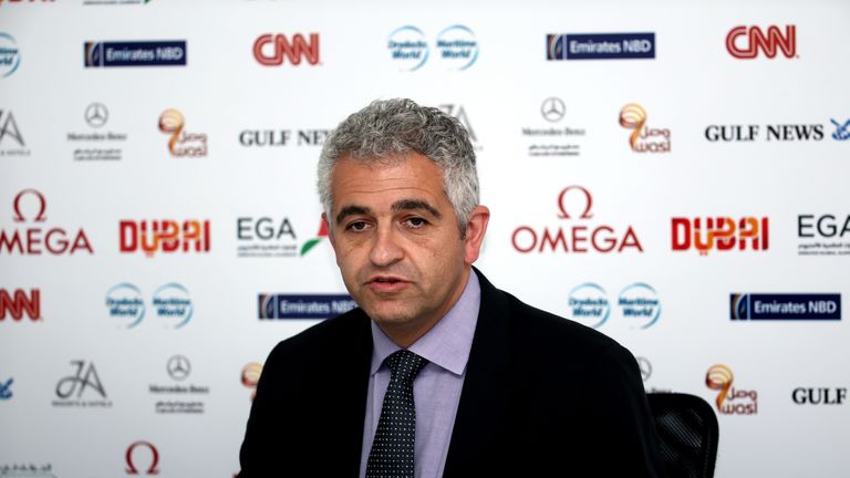 DUBAI, UNITED ARAB EMIRATES - DECEMBER 12:  Ivan Khodabakhsh, CEO of the Ladies European Tour joins Mohamed Juma Buamaim the Vice Chairman and CEO of Golf 