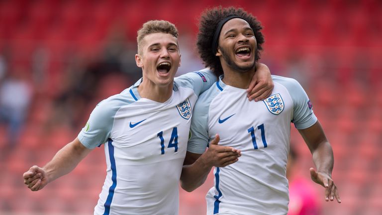 HEIDENHEIM, GERMANY - JULY 18: Isaiah Brown of England (R) celebrates his team's first goal with team mate Ryan Ledson during the UEFA Under19 European Cha