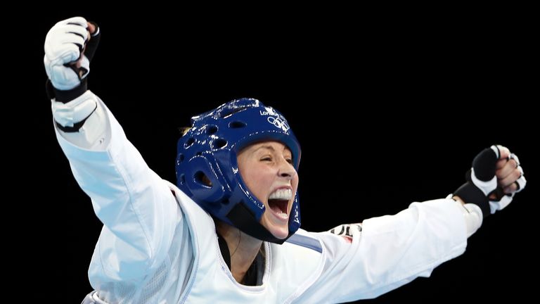 Jade Jones celebrates winning gold for Team GB in taekwondo at the London 2012 Olympics