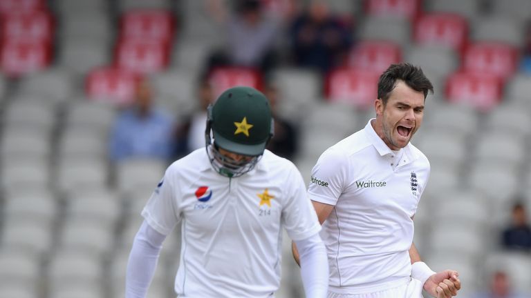 James Anderson celebrates after dismissing Pakistan batsman Shan Masood