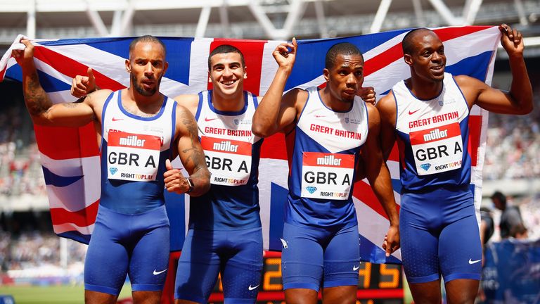 LONDON, ENGLAND - JULY 23:  James Elliington, Adam Gemili, CJ Ujah and James Dasaolu of Great Britain pose for the camera after the Mens 4x100m Relay durin