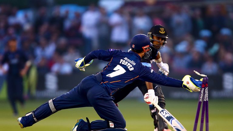 James Foster of Essex stumps out Mahela Jayawardene of Sussex during the T20 Blast match between Sussex Sharks and Essex Eagles