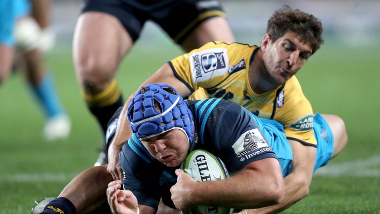 AUCKLAND, NEW ZEALAND - JULY 08: James Parsons of the Blueds scores a try  during the round 16 Super Rugby match between the Blues and the Brumbies at Eden