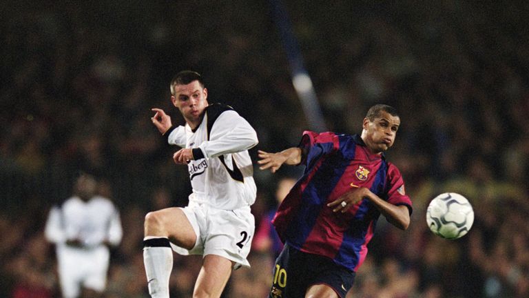 Jamie Carragher and Rivaldo in action at the Nou Camp in 2001