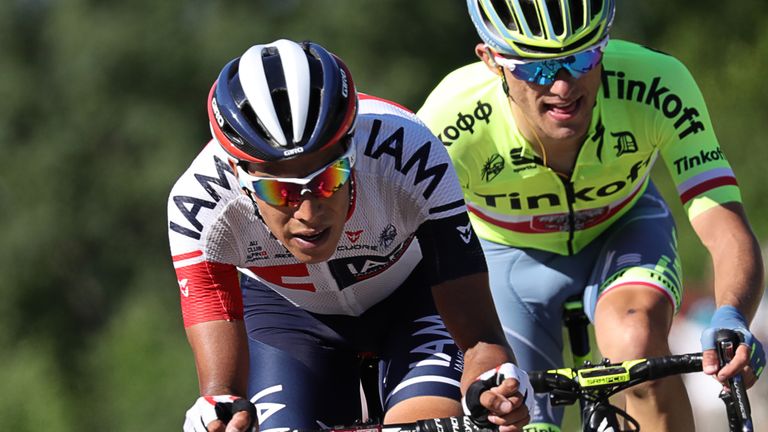 Colombia's Jarlinson Pantano (L) and Poland's Rafal Majka ride in a breakaway during the 160 km fifteenth stage of the 103rd edition of the Tour de France 