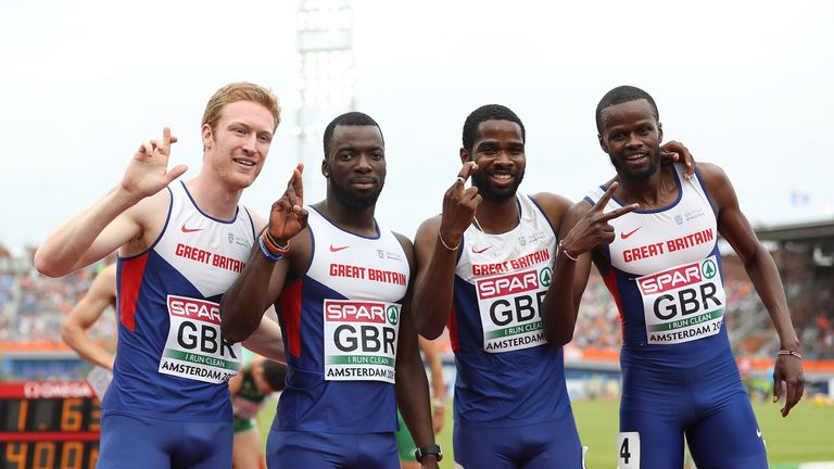 AMSTERDAM, NETHERLANDS - JULY 09: L-R Jarryd Dunn, Nigel Levine, Delano Williams and Rabah Yousif Bkheit of Great Britain pose for a picture following thei